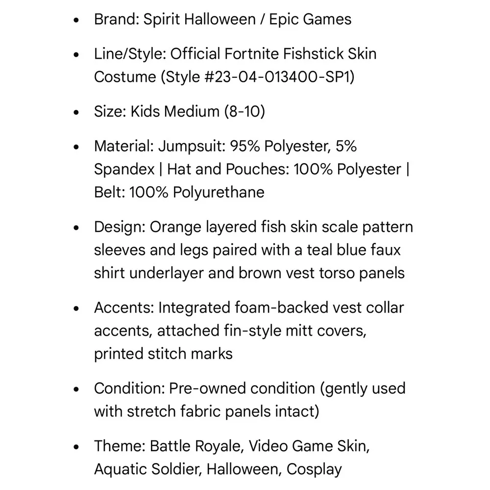 Fortnite Fishstick Costume Kids Medium 8-10 Spirit Halloween Jumpsuit